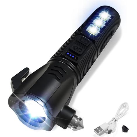 Schwarze Notfall-Autotaschenlampe – 2000 Lumen, zweifarbige Beleuchtung, 4-stufige Ladeanzeige, Scheibenbrecher und Gurtschneider, USB-aufladbar, ultraleicht (108 g), Auto-Notfallwerkzeug