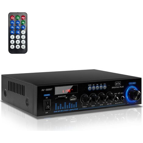 1000W Amplifier, 2 Channels Amplifier Bluetooth 5.0 RMS 60W X2 Stereo for Home Speakers with Bass and Treble Control SD USB FM 12V/220V with IR Remote Control (1/5)