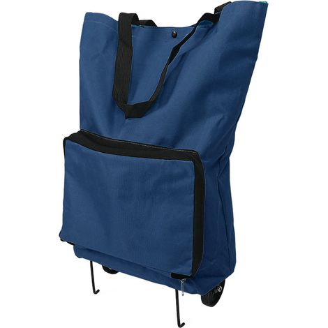 Sac de caddie pliable à fermeture éclair, réutilisable, grande capacité, portable en tissu Oxford, avec roues, bleu marine (1/5)