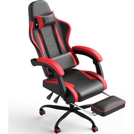 Devoko Chaise de gaming avec fonction massage et repose-pieds télescopique, fauteuil gamer avec coussin lombaire et appui-tête, dossier inclinable (90-135°), capacité de 150 kg-noir etrouge