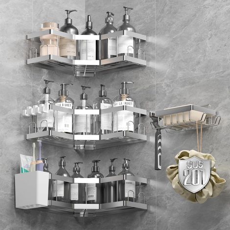 5 Pièces Étagère Salle De Bain, Acier Inoxydable, Finition Mate, Adhésif Sans Percage, Pour Douche