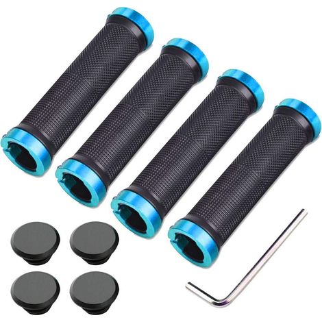 2 Paia Manopole per Manubrio Bicicletta, Manopole Bici in Gomma Antiscivolo con Doppia Chiusura in Alluminio, Protezione per Manopole Bici per MTB BMX (Blu) (1/4)