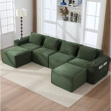 Sofá modular de 4 plazas (330x162x75 cm), con portavasos y bolsillos laterales, tejido de corduroy verde (1/5)
