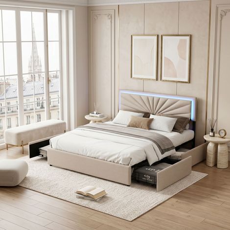 Lit double 160 x 200 cm, lit rembourré avec 4 tiroirs, cadre de lit avec tête de lit LED, sommier à lattes et cadre en métal, lit avec coffre de lit, lin (beige, 160 x 200 cm) (1/5)