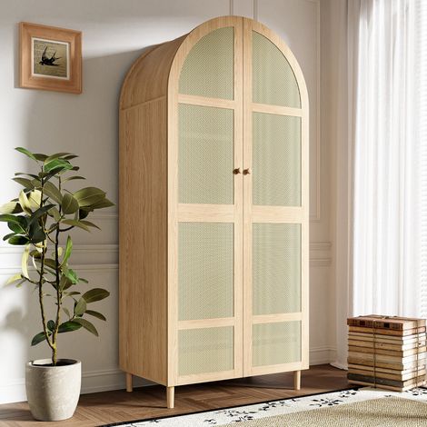 Armoire avec penderie, tiroirs et compartiments de rangement, portes à cadre arrondi avec habillage en rotin, pieds en bois, pour chambre et entrée (1/5)