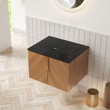 Plan de travail et meuble ARAI de 61 cm en pierre frittée noire, sans lavabo, sans robinet ni évacuation, aspect chêne brun (1/5)