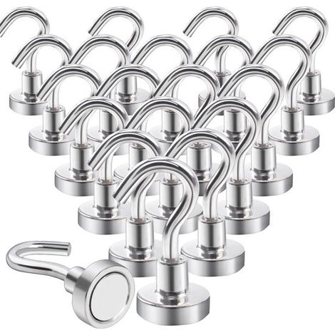 Extra starke Magnethaken (10 kg), Neodym-Magnete mit Haken, 20er-Packung, bohrfreie Befestigung, für Eisentüren, Kühlschränke, Küchen, Kleiderständer, Büros, silberfarben.