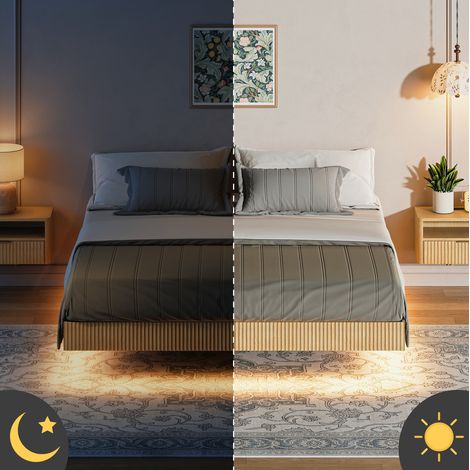 Lit 180 x 200 cm flottant avec LED, structure métal et MDF, chêne clair HAVRYA (1/5)