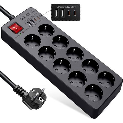 Multiprise Parafoudre et Surtension, Multiprise 10 Prises 4 USB Chargeur Bloc Prise Multiple avec Interrupteur Sécurité, Montage Murale, Protection Enfant Rallonge Electrique 1,5m Câble, Noir (1/5)