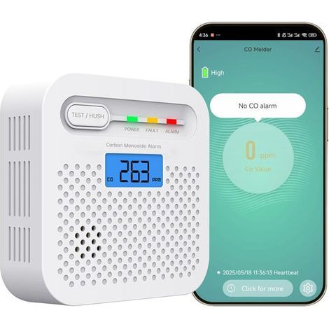 Home carbon monoxide detector connected via Wi-Fi, remotely monitored via an app, battery powered. (1/5)
