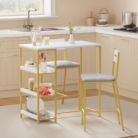 Ensemble Table à Manger Ronde et 2 Tabourets - Style Industriel avec 3 Étagères de Rangement - Gain de Place - Blanc/Or (1/5)