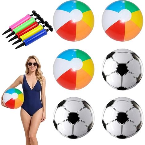 Lot de 7 ballons à eau gonflables avec ballon de plage gonflable et pompe à air, idéal pour la piscine et la plage, couleurs vives avec motif football (1/5)