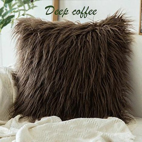 taie d'oreiller Rya Mat Fluffy, douce et moelleuse, en fausse fourrure, 45 x 45 cm, couleur café foncé. (1/5)