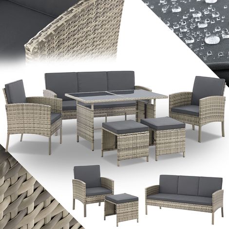 Juskys – Salon de jardin en polyrattan 6 pièces – 2 fauteuils, banc 3 places, table avec plateau en verre – Coussins lavables – Pour 7 personnes (1/5)