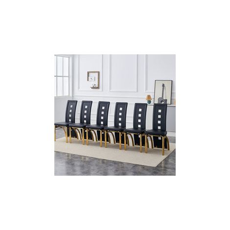 Juego de 6 sillas de comedor de PU negro con patas de metal dorado, 102,5 cm (1/5)