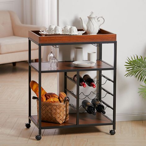 3 Tier Kitchen Trolley with Tea Tray Wood Storage Shelf and Wine Rack, Brown (1/5)