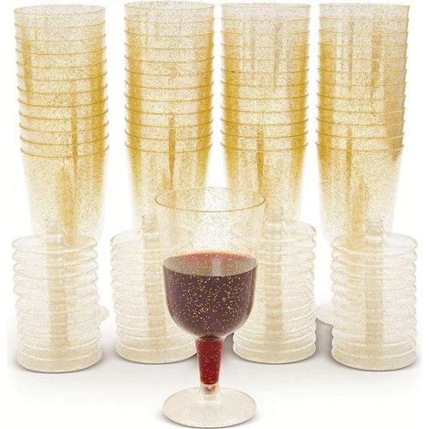 Lot de 50 verres à vin 170 ml en plastique avec finition dorée scintillante, verres à pied réutilisables pour vin, champagne, bière, desserts et fêtes (1/5)
