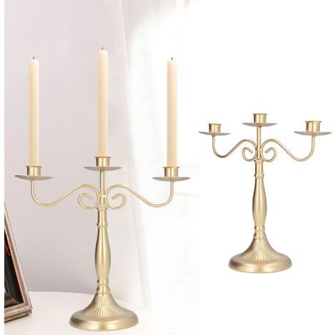 Porte-bougies doré à 3 branches style européen pour mariage, fête ou salle à manger (1/5)