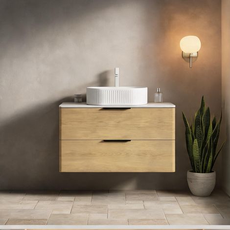 Meuble sous vasque suspendu 90 cm avec plan en pierre et vasque (1/5)