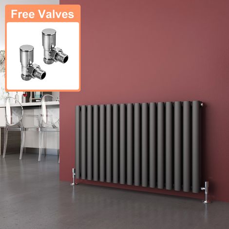 ELEGANT Anthracite Radiators Horizontal Double Heater 600 x 1003 mm Column Oval Panel Central Heating Designer Bathroom Radiator + Angled Radiator Valves