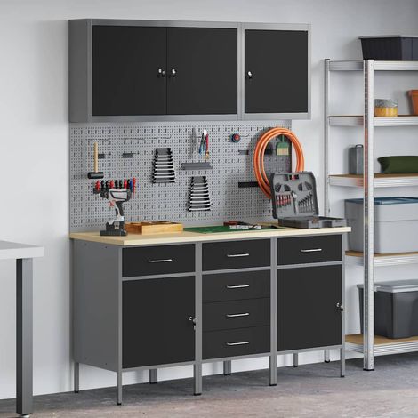 Work Cabinet 8 pcs Black and Grey Engineered Wood and Steel vidaXL