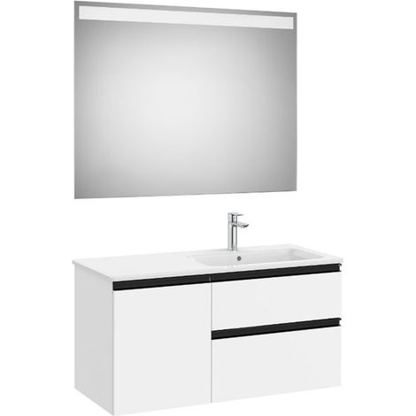 Pack meuble "The Gap" 1000 - 2 tiroirs + 1 porte + lavabo à droite slim + miroir LED - blanc mat/poignées noires - Roca (1/2)