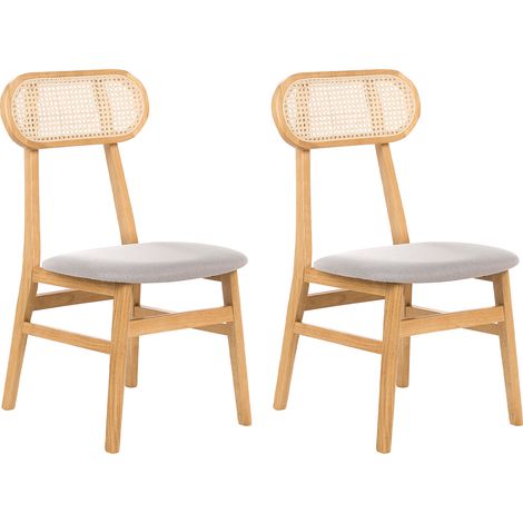Conjunto de 2 sillas de comedor tapizado poliéster trenza vienesa respaldo de ratán estructura de madera de caucho sin reposabrazos retro marrón claro Fallon (1/5)