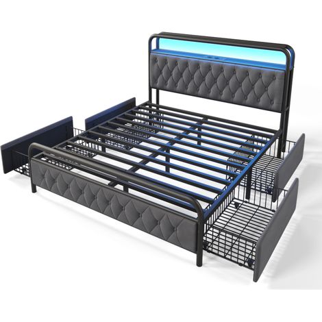 Cama de metal de 140 x 200 cm, cabecero LED multifuncional gris, carga USB tipo C integrada y 4 cajones, ideal para adolescentes y adultos (colchón no incluido). (1/5)
