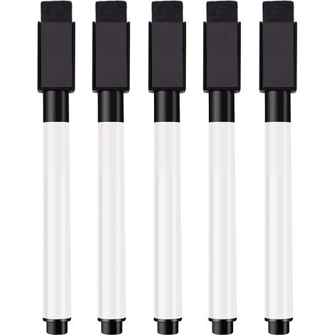 5 Pack Black Dry Erase Markers, Magnetic Cap and Felt Eraser for Whiteboard, Glass and Metal (1/5)