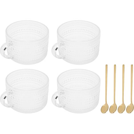 Verre Tasse Nordique Relief Rétro Transparent 4 Pièces avec 4 Cuillères Onde, Mug Petit-déjeuner Lait Thé Café (1/5)