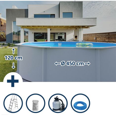 Stahlwandpool Set (5-teilig) hoch rund Classic 450 x 120 cm, Stahl 0,4 mm weiß Folie 0,3 mm blau (1/5)