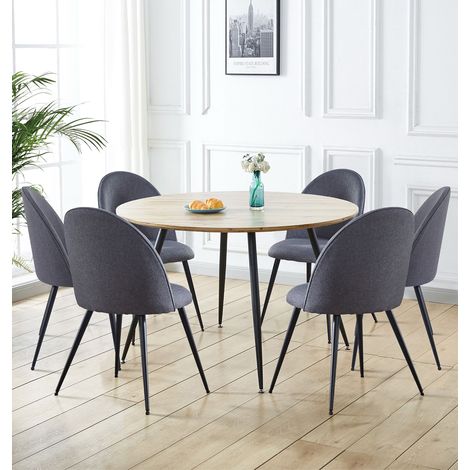 Hallowood Furniture Cullompton Large Round Dining Table and Chairs Set 6, Light Oak Effect Top Kitchen Table and Chairs in Curved-Back, Grey Fabric Upholstery, Dining Set for Home or Café (1/5)