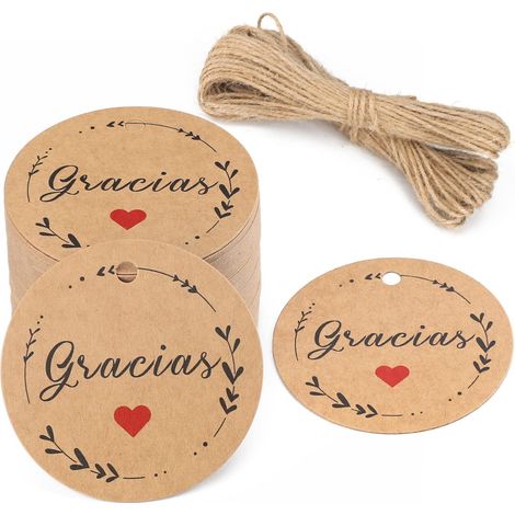 100PCS Étiquette Gracias 5X5CM Étiquettes Kraft Étiquettes en Papier kraft Étiquettes-Cadeaux Étiquettes Rondes,Imprimées en Lettres Noir pour Mariage Cadeau Noël-Brun