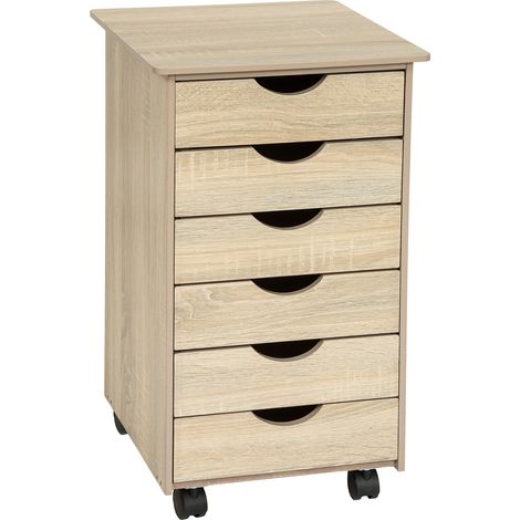 Caisson bureau à roulettes en panneau de fibres 6 tiroirs bois clair