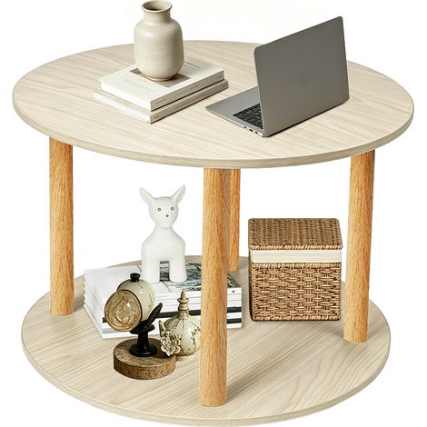 Haloyo® Runder Couchtisch mit 2 Ebenen und Rollen, großer runder Couchtisch aus Massivholz, Wohnzimmertisch aus Holz,für Wohnzimmer, Lounge, Büro, 60 x 60 x 53 cm-Naturholzfarbe (1/5)