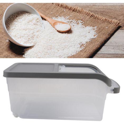 Boîte de stockage de riz transparente de 10 kg avec couvercle coulissant, distributeur de riz et seau à grains à roulettes et doseur inclus (gris). (1/5)