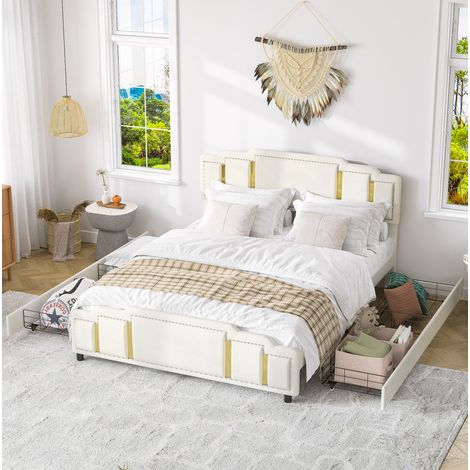 Letto matrimoniale 160x200 cm beige in velluto con 4 cassetti, LED a 7 colori e finiture in acciaio (1/5)