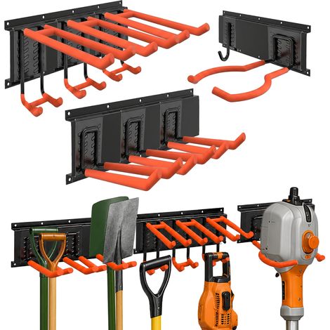 Relaxdays organizador de garaje montado en pared, estantería de pared con 3 rieles y 8 ganchos, negro/naranja (1/5)