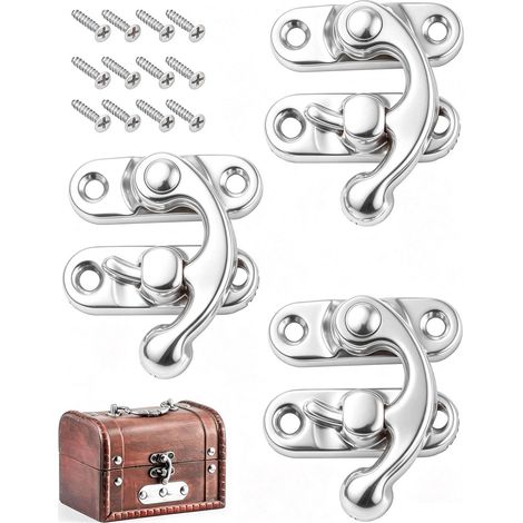 Fermoir à Crochet Droite pour Boîte en Bois, 3 Pièces avec Vis, Loquet à Bascule en Métal Antique, Fermeture pour Coffret, Boîte à Bijoux et Malle, Kit de Quincaillerie DIY(argent) (1/5)
