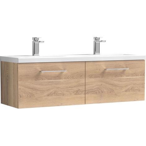 Nuie Arno Wall Hung 2-Drawer Vanity Unit with Double Ceramic Basin 1200mm Wide - Bleached Oak (1/5)