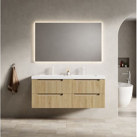 Meuble lave-mains suspendu 120 cm en contreplaqué décor chêne blanc, double vasque intégrée en résine, 4 tiroirs (1/5)