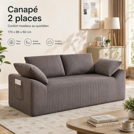 Petit Canapé 170x86x60cm Sans Montage - Canapé 2 Places - Tissu Marron Gris, Mousse à Mémoire de Forme, Design au Sol, Super Confort (1/5)