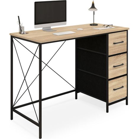 Scrivania in tessuto a 3 cassetti UTAH in legno e nero, design industriale
