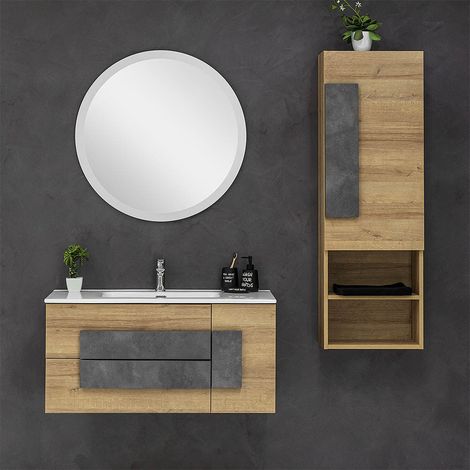 Mobile Bagno Sospeso Moderno Legno Rovere 100x47 cm Completo di Specchio Tondo (1/5)