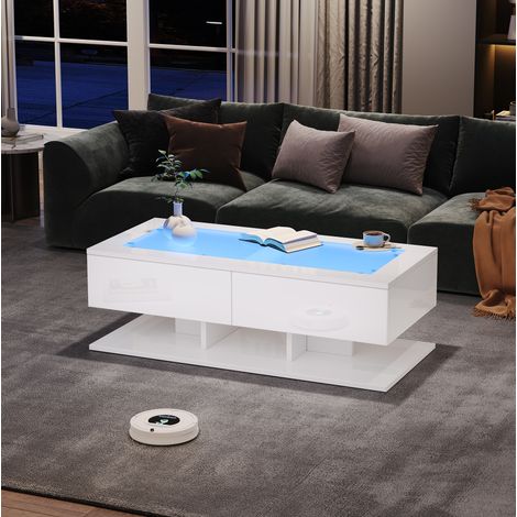 Table basse 100x50x35 cm blanche laquée avec 2 tiroirs, LED et plateau en verre trempé MEUBLIV (1/5)