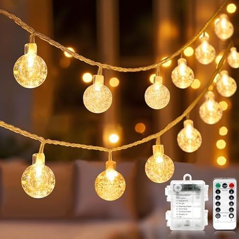 LED Lichterkette Warmweiß 5m 50LED Kristall Kugeln Batterie mit Fernbedienung 8 Modi Wasserdicht Außen Innen Weihnachten für Zimmer Party Garten DIY Deko Metaku