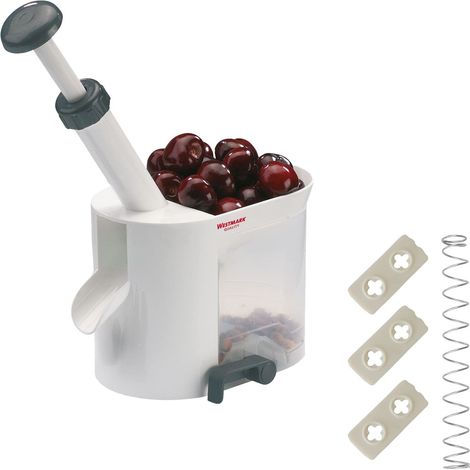 Westmark Snocciolatore per ciliegie con canale e vaschetta per noccioli, Incluso Set di Ricambio da 4 Pezzi, Plastica/Acciaio inox, Bianco/Antracite, 403022E6 (1/4)