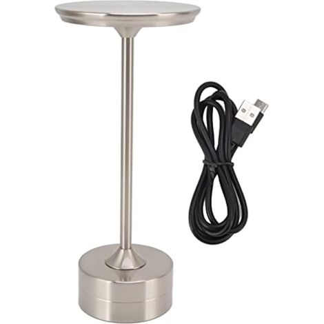 Lampe de table sans fil rechargeable 2000 mAh, 3 niveaux de luminosité, portable, USB-C, LED, en métal, pour table de chevet, salon, bureau, chambre, restaurant, camping (argenté) (1/5)