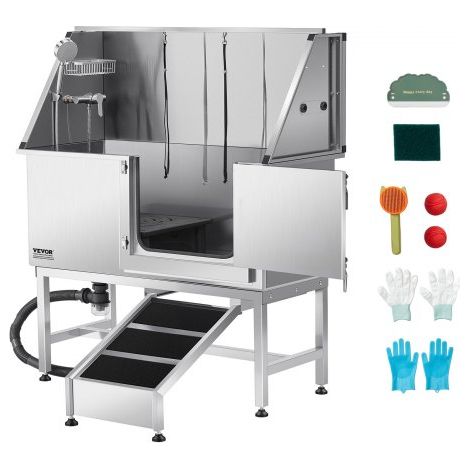 Baignoire de Chien Acier Inoxydable, Baignoire de Toilettage pour Animaux de Compagnie 127 cm Station de Lavage Chat, avec Rampe, Panneau Filtre à Eau, Robinet, Pommeau de Douche, Porte Droite (1/3)