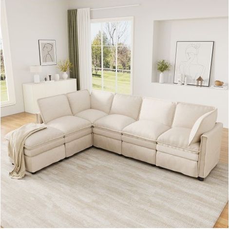 Canapé Modulable 344x127cm avec Fonction de Lit - Canapé d'angle - Tissu Chenille Beige, Assise Double, Pouf Mobile Inclus, 6 Places (1/5)